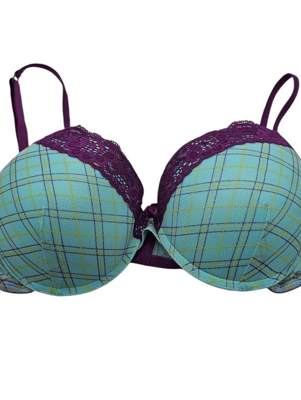 Vtg Y2K Anchor Blue Sz 36B Padded Push Up Bra Light Blue Mesh Plaid Purple Lace